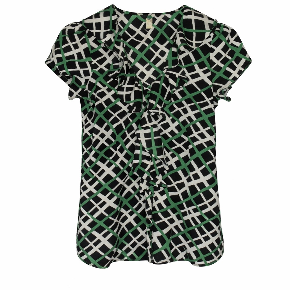 💚 Banana Republic Petite Ruffle Front Geometric Print Blouse – Size M